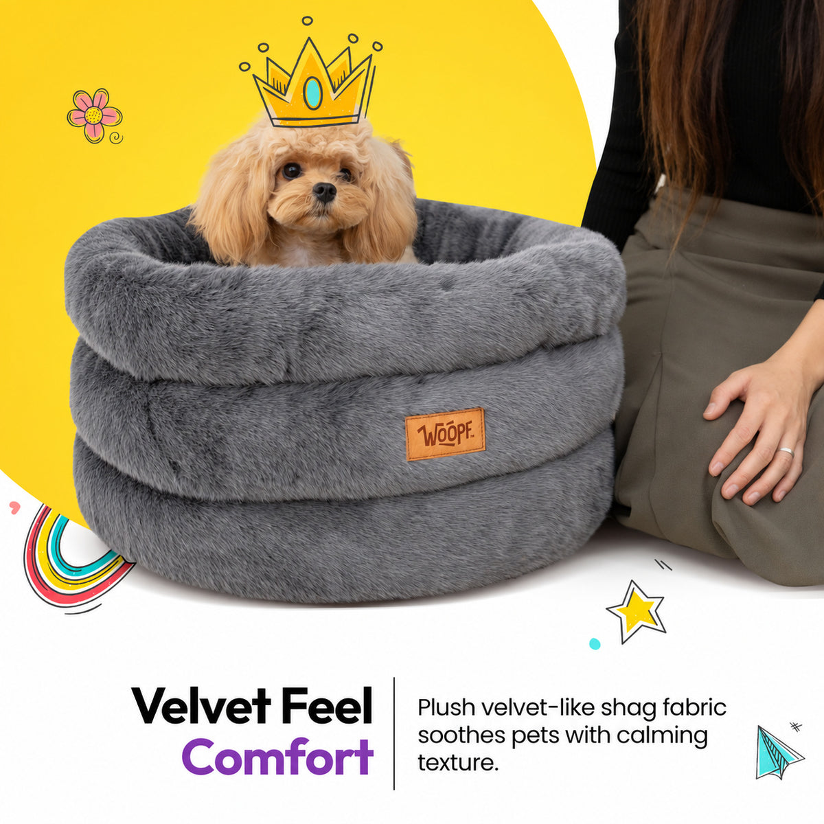 Grey | Furry Range Round Bed: Poodle in a paper crown sitting in the Grey bed, headed Velvet Feel Comfort