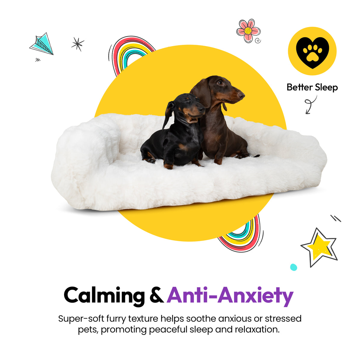 White | Furry Curves Open Front Rectangle Bed: Calming and anti-anxiety: two dachshunds on the White bed