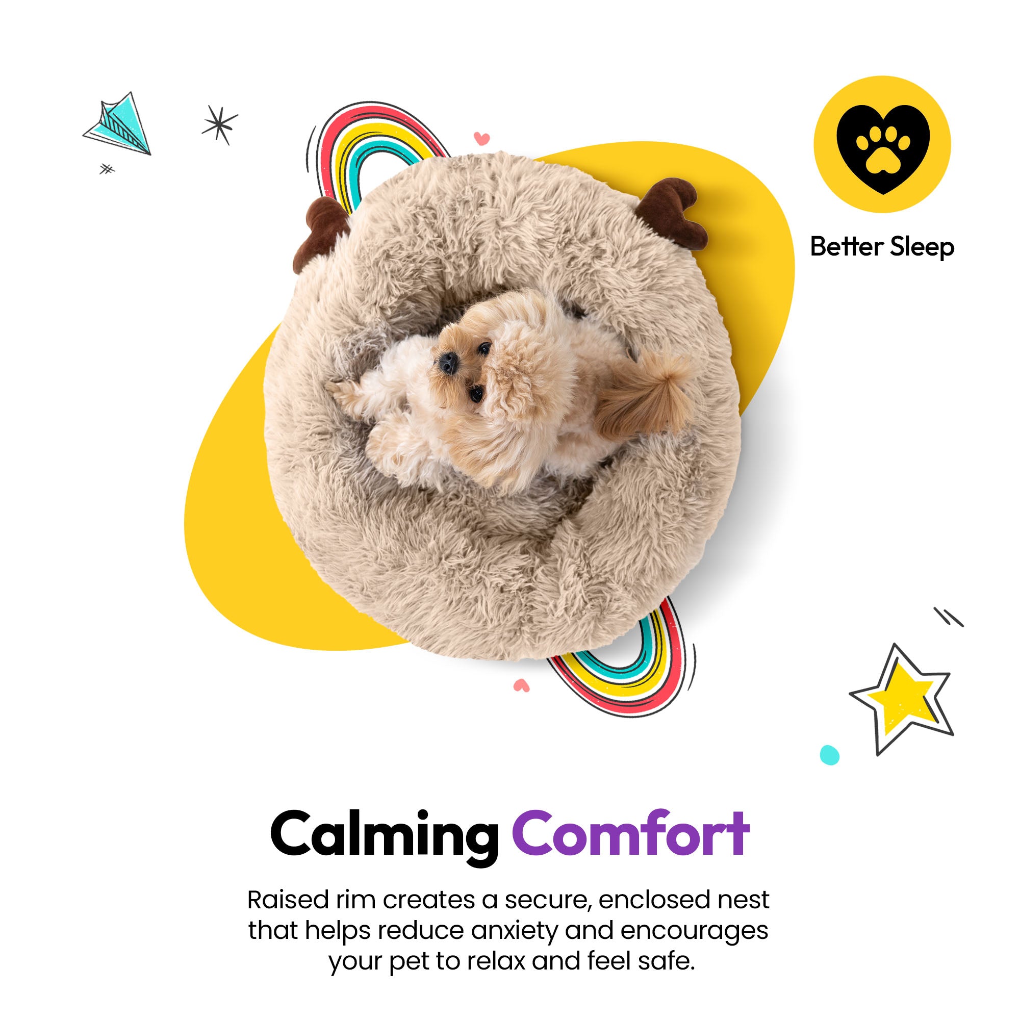 Fluffy Shag Calming Round Bed with Antlers