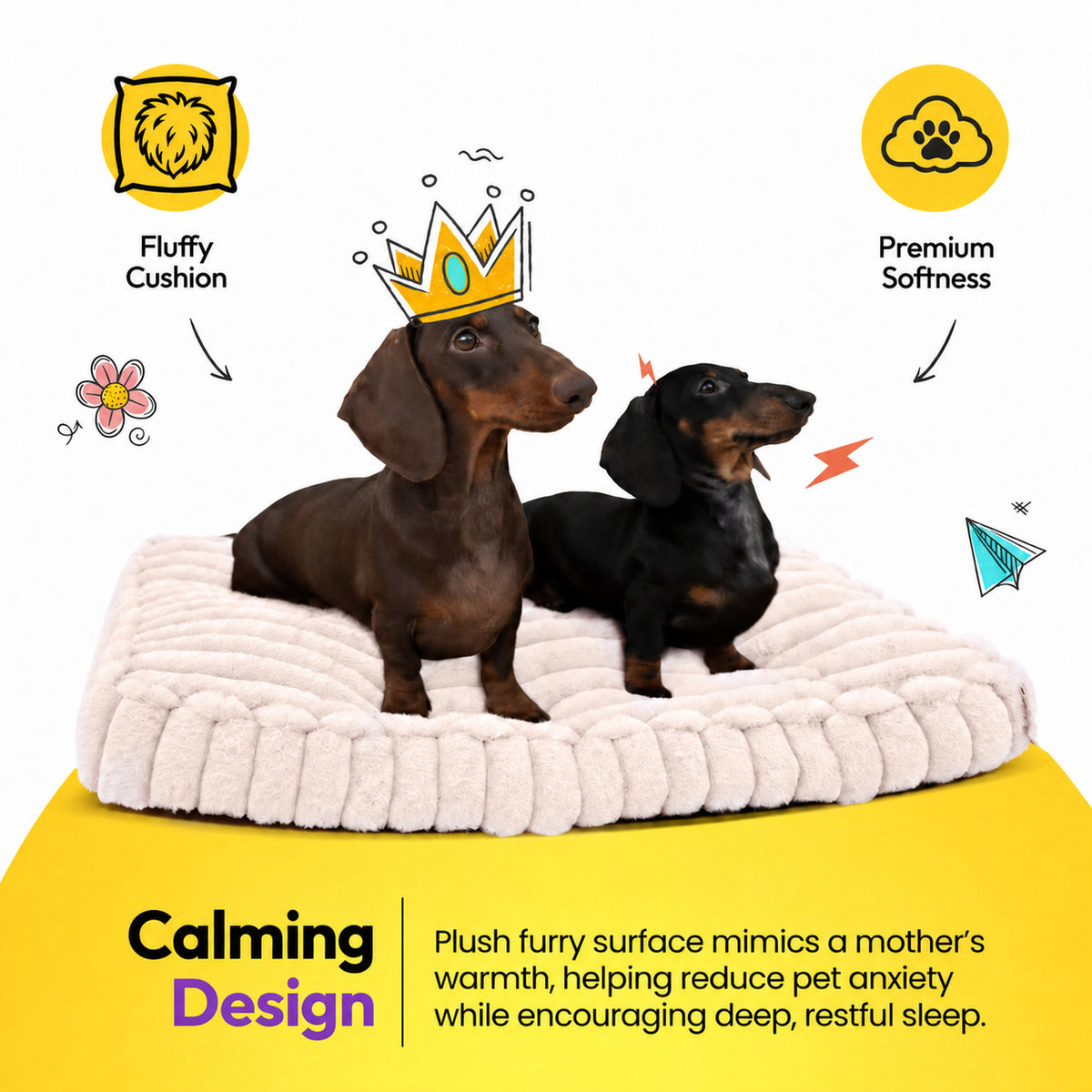 Pale pink | Furry Corduroy Sleeping Mat: Two dachshunds, one in a paper crown, on the Pale pink mat on a yellow graphic card