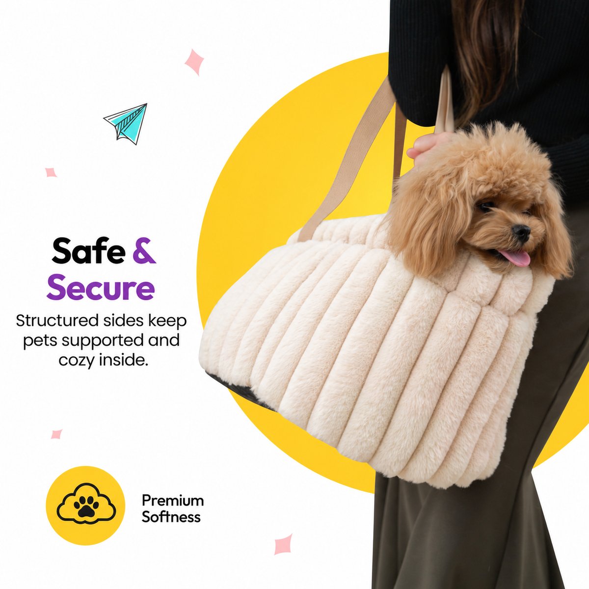 Pale pink | Corduroy Calming Dog Carrier: Toy poodle in the Pale pink carrier on a woman's shoulder, headed Safe & Secure