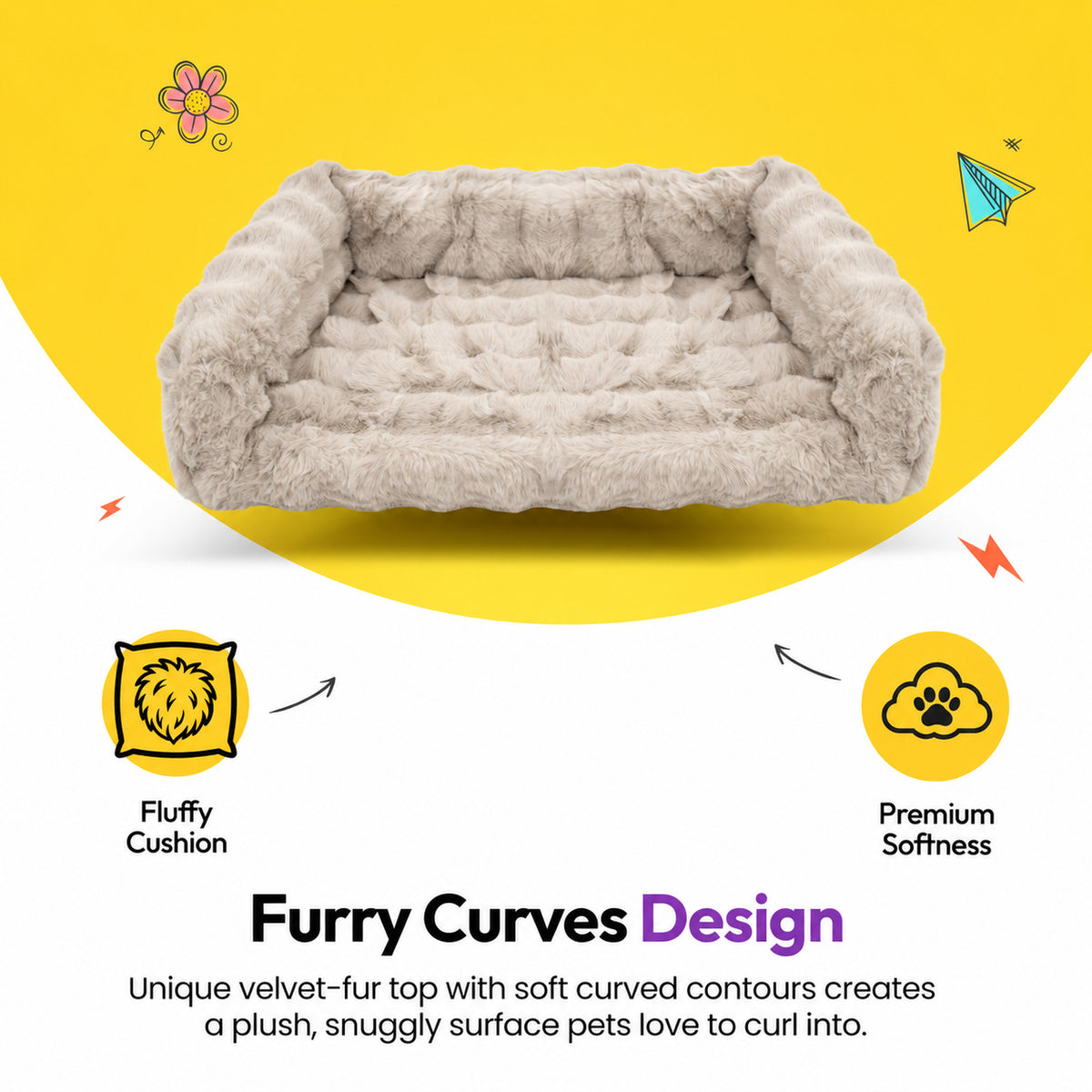 Cream | Furry Curves Open Front Rectangle Bed: Furry Curves design: the fluffy cushion and soft curved top of the Cream bed