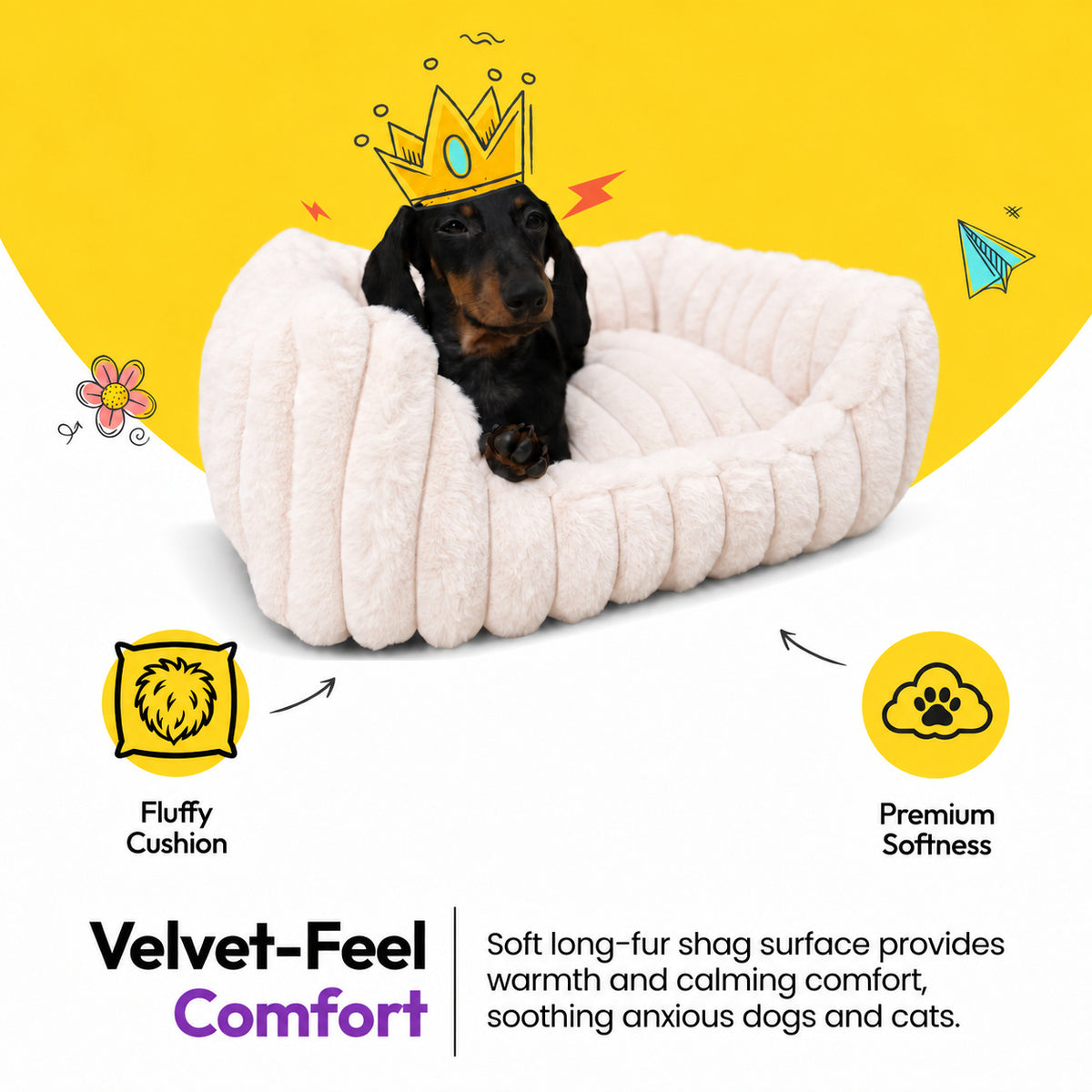 Pale pink | Furry Corduroy Open Front Rectangle Bed: Dachshund in a paper crown in the Pale pink bed on a yellow graphic card