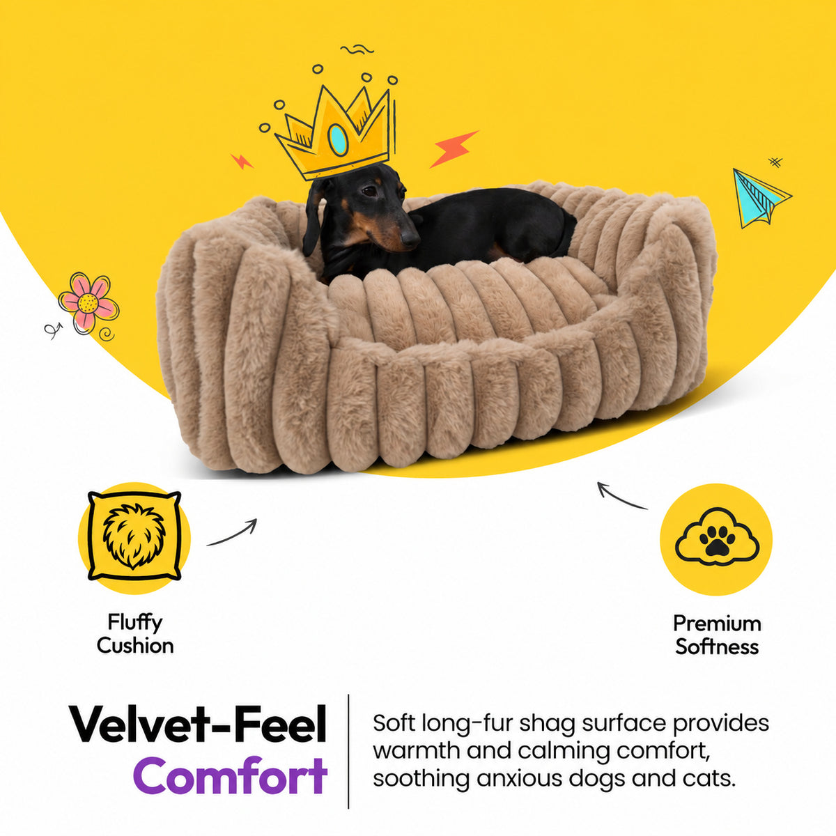 Brown | Furry Corduroy Open Front Rectangle Bed: Dachshund in a paper crown lying in the Brown bed on a yellow graphic card