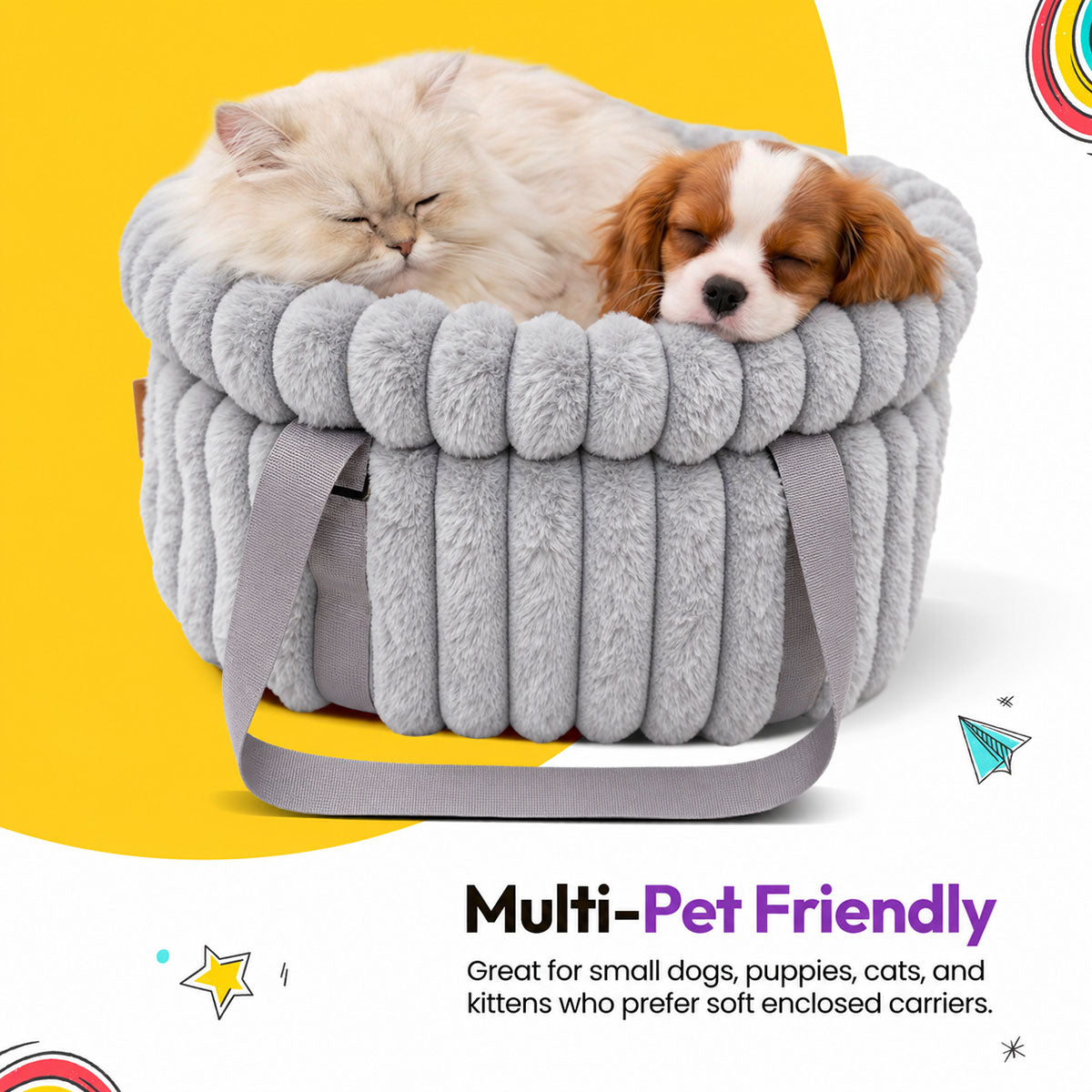 Grey | Corduroy Calming Dog Carrier: A Persian cat and a Cavalier puppy asleep in the Grey carrier, headed Multi-Pet Friendly