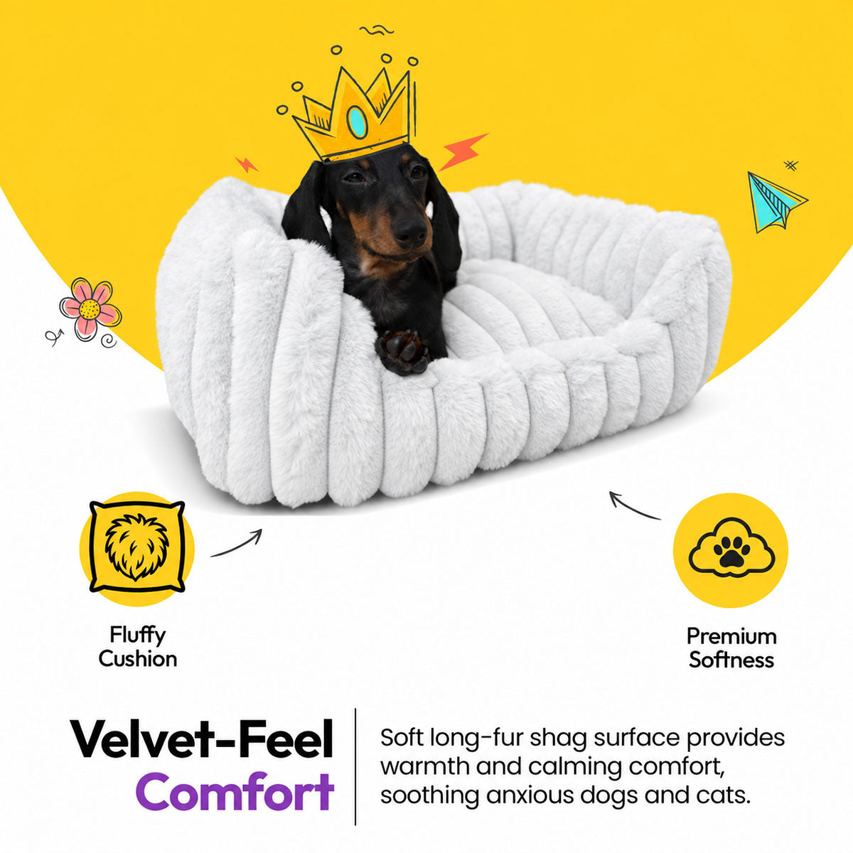 White | Furry Corduroy Open Front Rectangle Bed: Dachshund in a paper crown in the White bed on a yellow graphic card