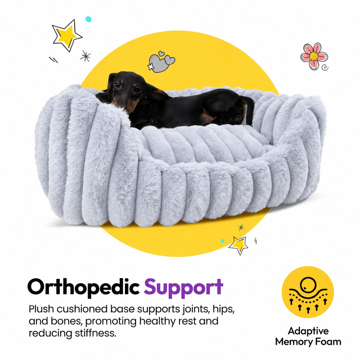 Grey | Furry Corduroy Open Front Rectangle Bed: Dachshund lying in the Grey bed on a yellow graphic card