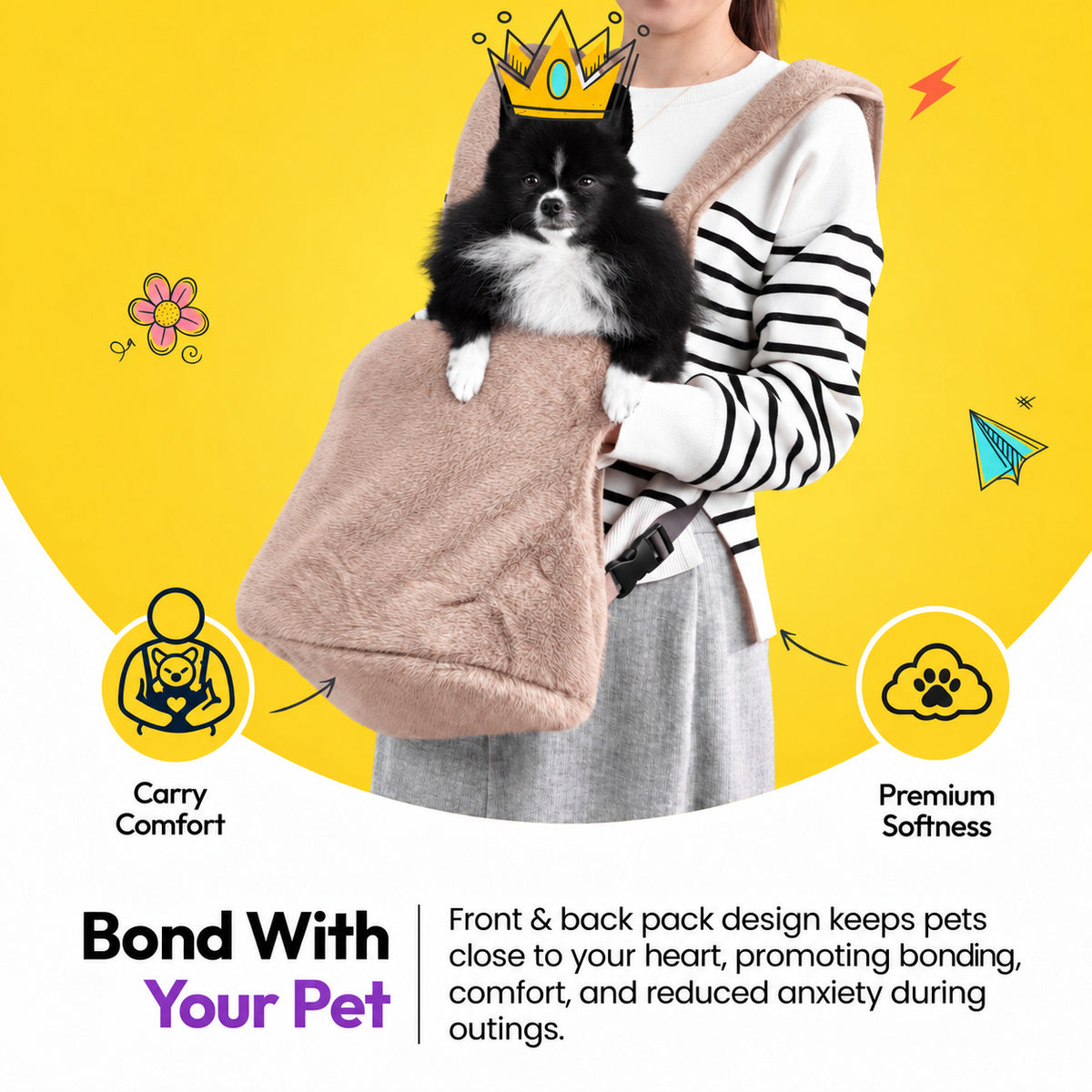 Brown | Furry Range Puppy Pouch: Bond with your pet: a small black and white dog in the Brown Puppy Pouch worn on the front