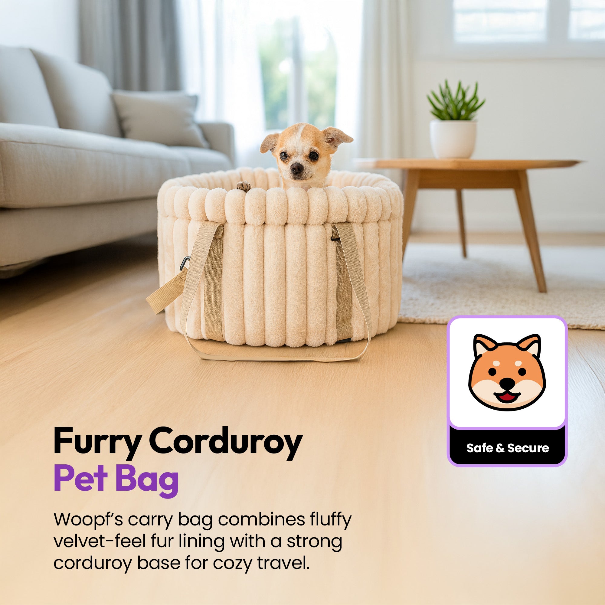 Furry Corduroy Puppy & Small Dog Carry Bag with Soft Fluffy Lining – Calming Travel Tote, Handles, Supportive Shape