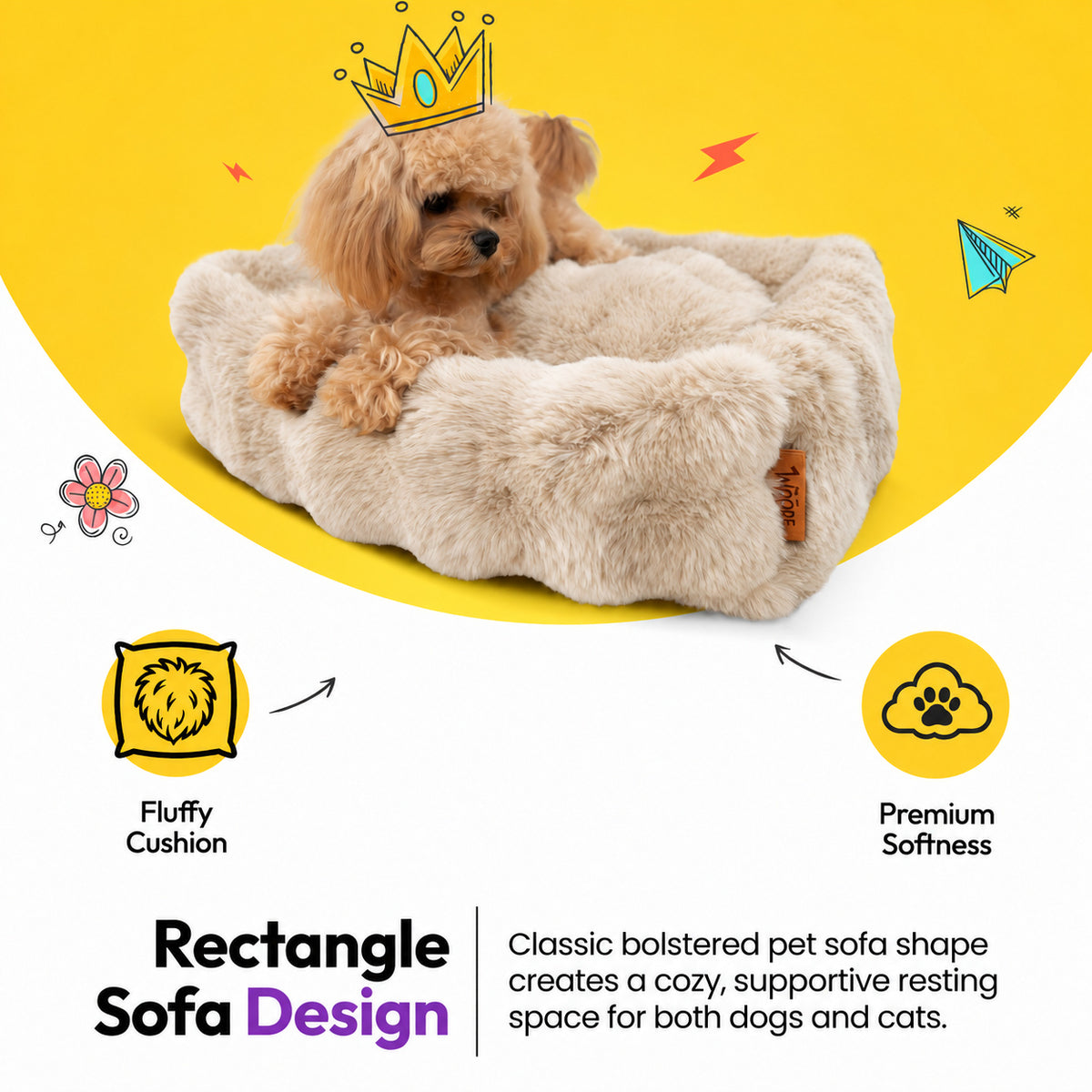 Cream | Furry Curves Rectangle Bed: Toy poodle in the Cream bed, headed Rectangle Sofa Design