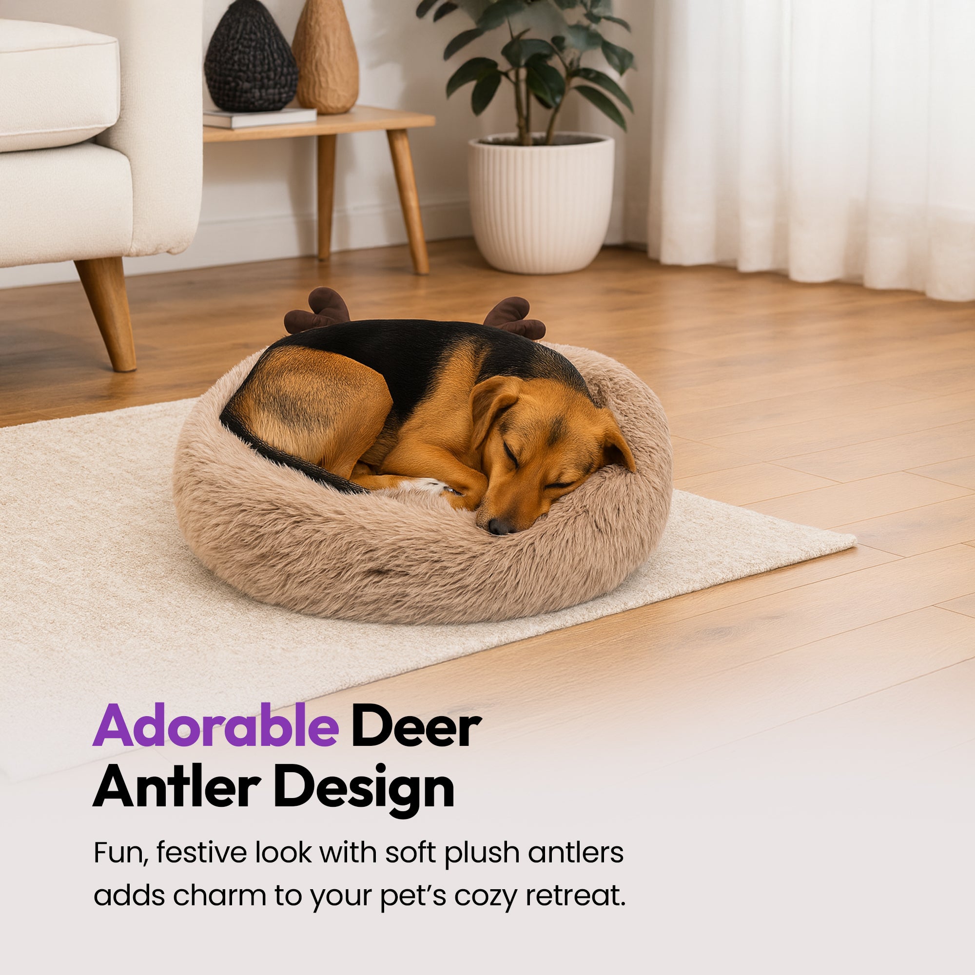 Calming Dog & Cat Bed with Cute Deer Antlers – Small Round Plush Pet Bed for Anxiety & Stress Relief – Soft Self-Warming Donut Cuddler with Raised Rim
