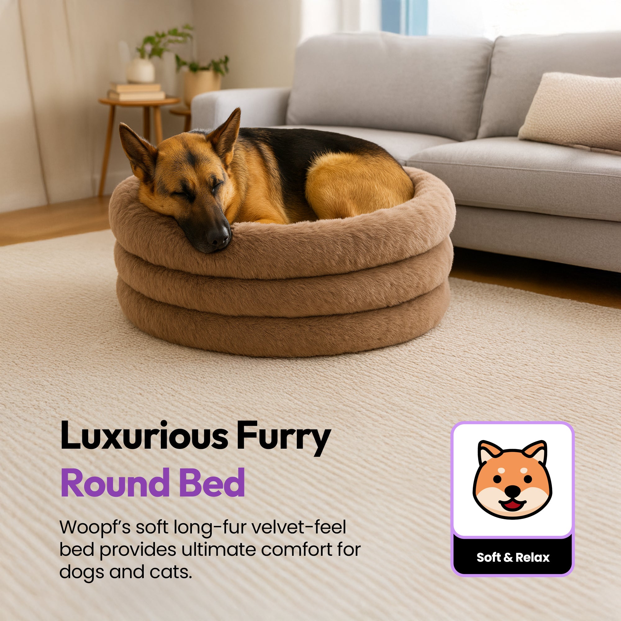 Furry Range Round Dog Cat Bed – Soft Fluffy Long Fur Velvet Feel Calming Pet Bed, Orthopedic Support, Anxiety Relief Nest, Washable Plush Cushion for Small Dogs & Cats