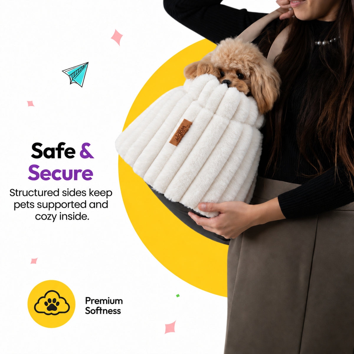 White | Corduroy Calming Dog Carrier: Toy poodle in the White carrier on a woman's shoulder, headed Safe & Secure