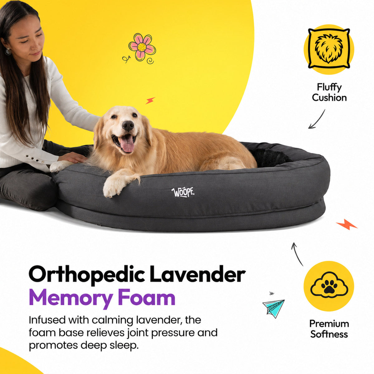 Black | NÄP Orthopedic Bed: Woman with a golden retriever in the Black bed, headed Orthopedic Lavender Memory Foam