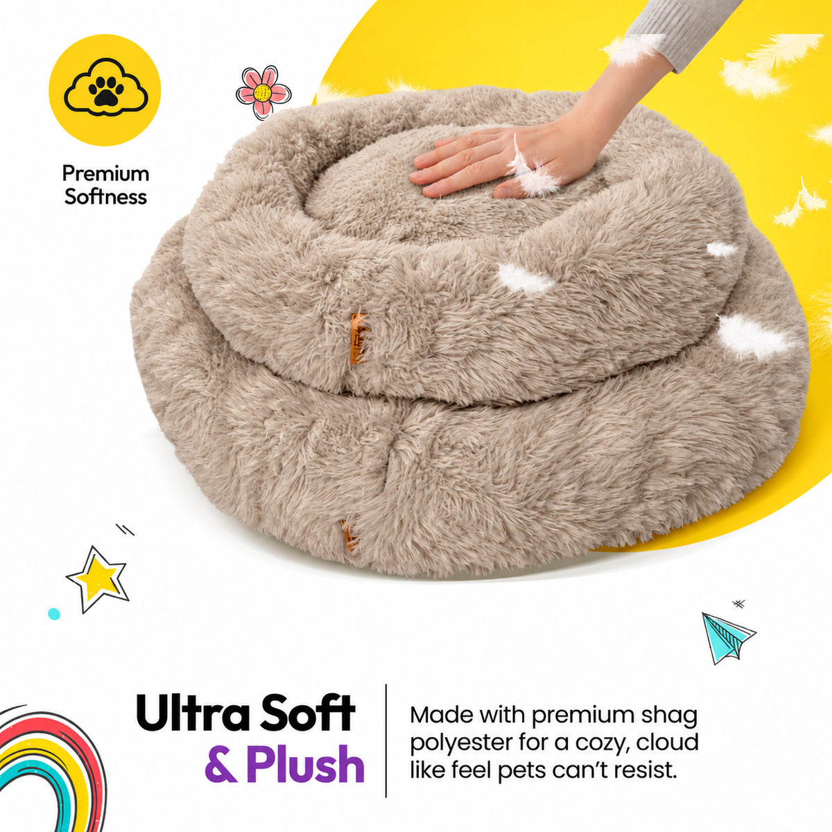 Brown | Fluffy Shag Calming Round Bed: Hand pressing into the pile of the Brown bed, headed Ultra Soft & Plush