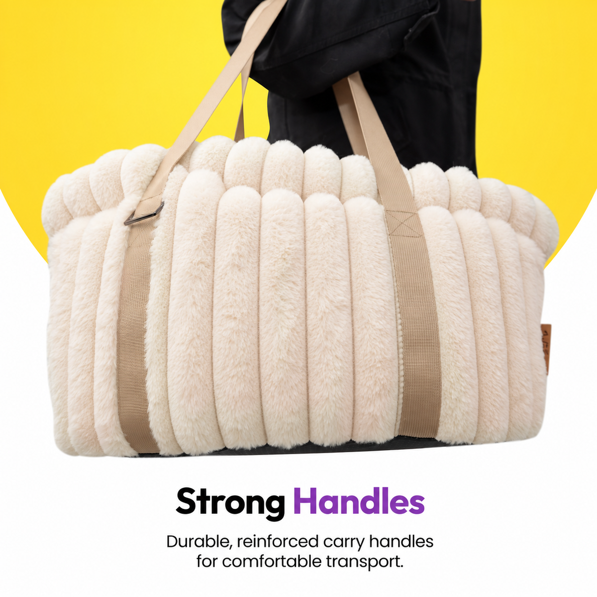 Pale pink | Corduroy Calming Dog Carrier: The Pale pink carrier carried by its handles, headed Strong Handles