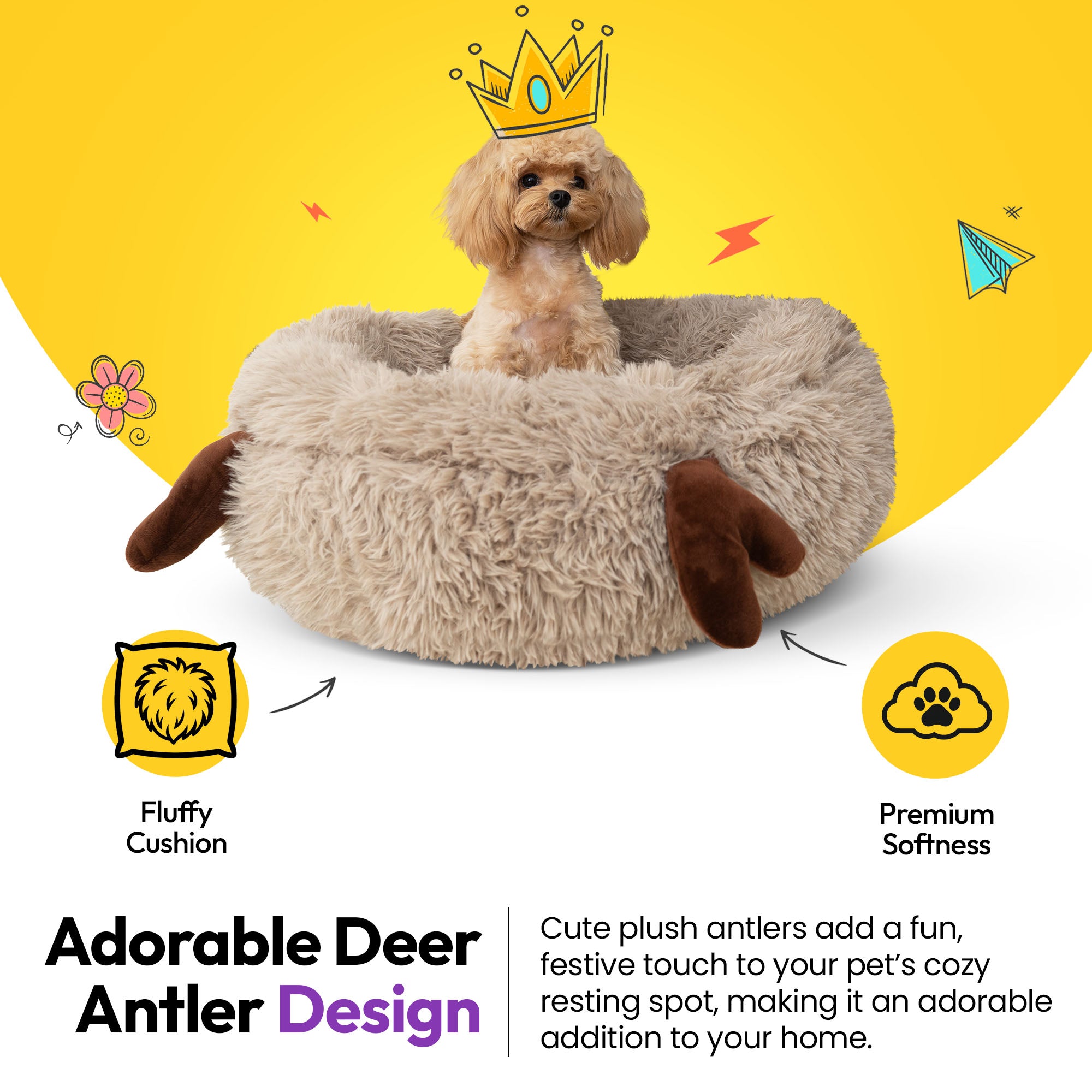 Lit rond apaisant en peluche à poils longs avec bois de cerf