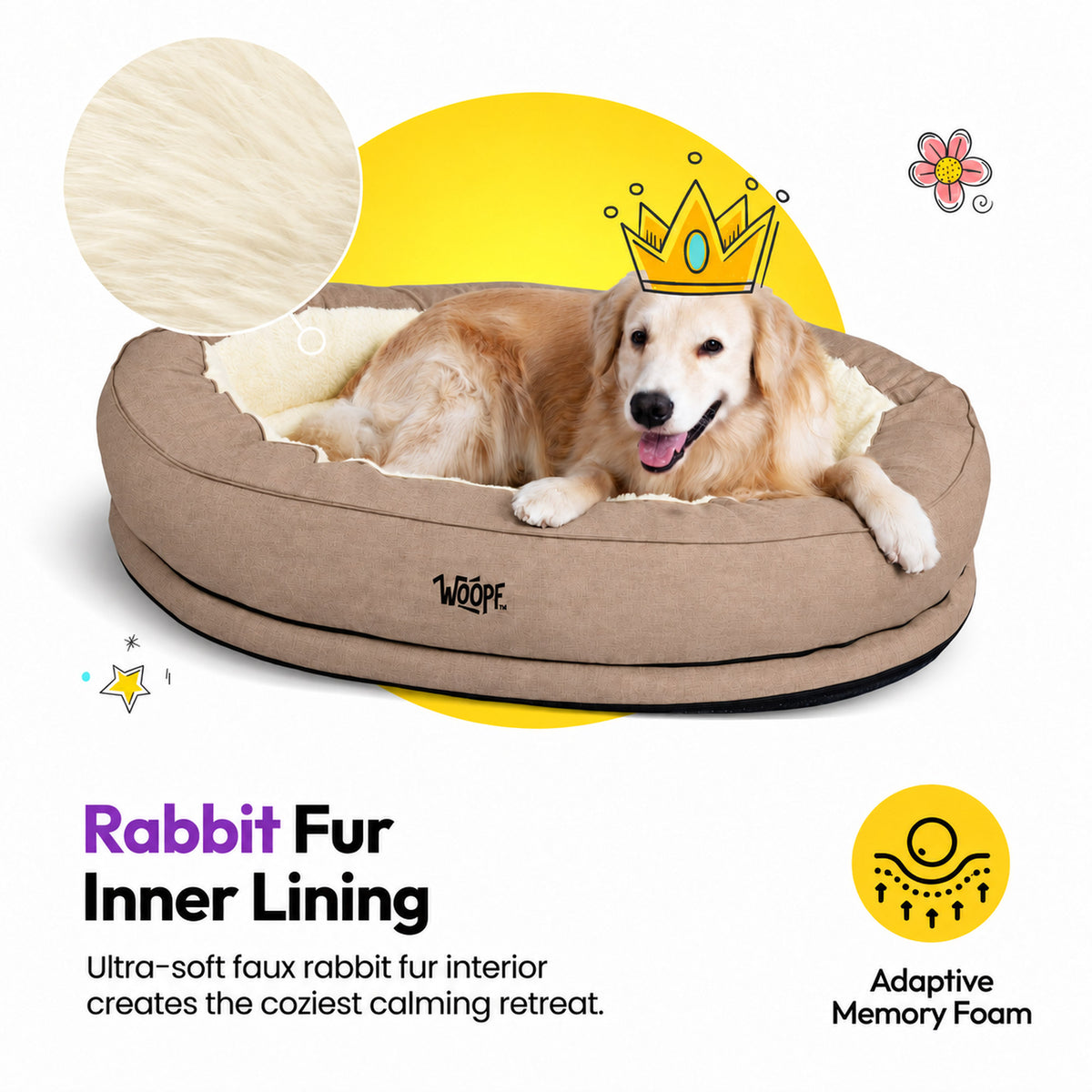Cream | NÄP Orthopedic Bed: Golden retriever in the Cream bed with a close-up of the faux fur lining, headed Rabbit Fur Inner Lining