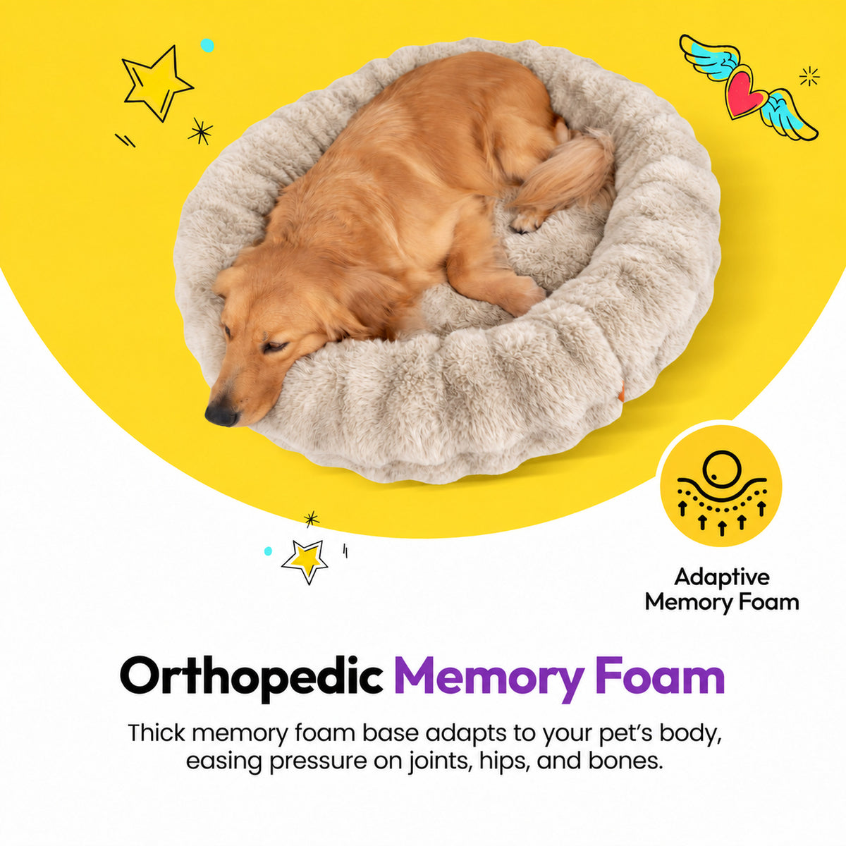 Cream | Furry Curves Round Bed: Orthopedic memory foam base, a golden retriever curled up in the Cream round bed