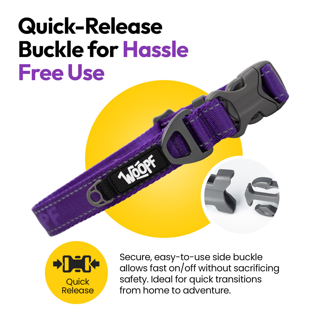 Purple | Explorer Collar: The Purple collar's side-release buckle, on a card headed Quick-Release Buckle for Hassle Free Use