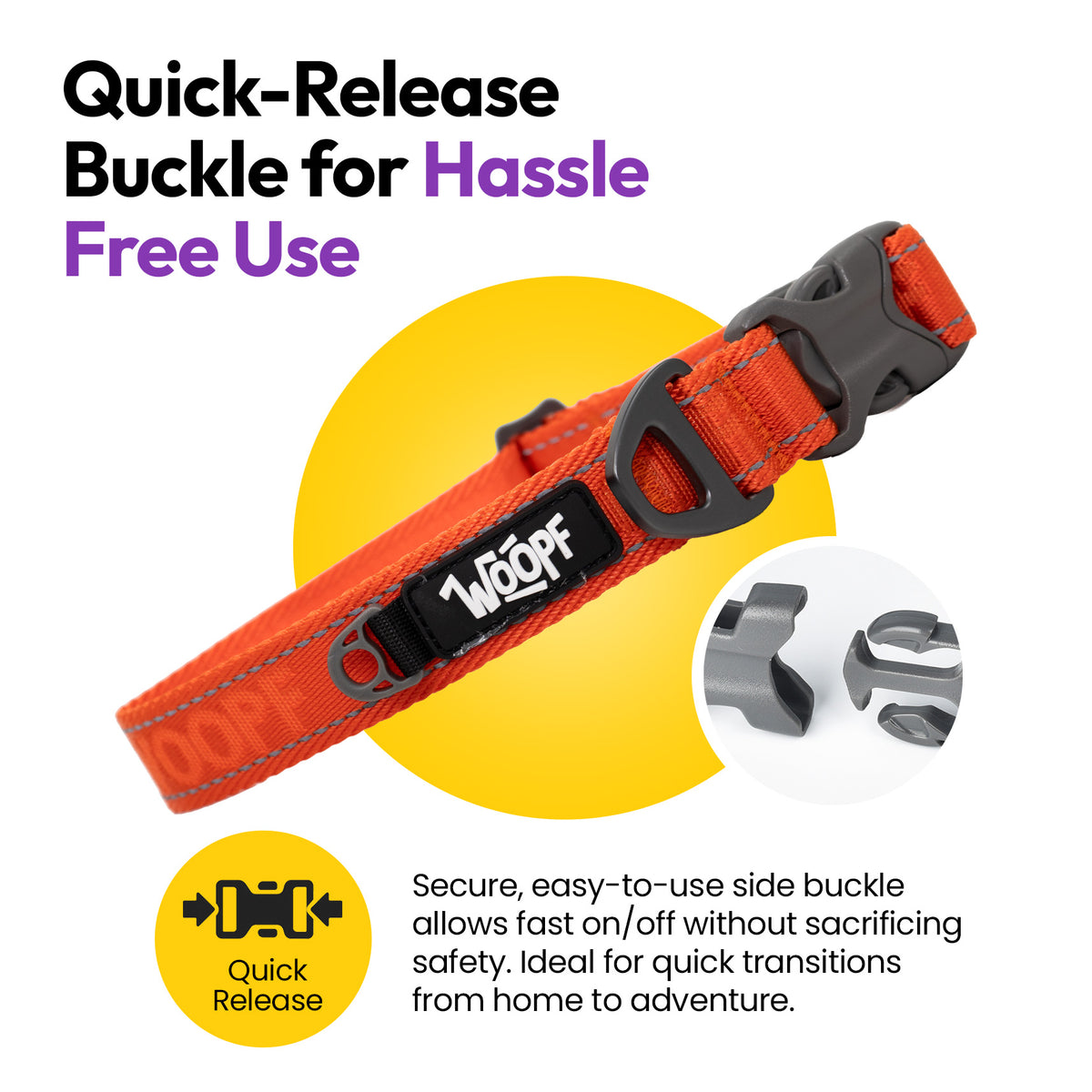 Orange | Explorer Collar: The Orange collar's side-release buckle, on a card headed Quick-Release Buckle for Hassle Free Use