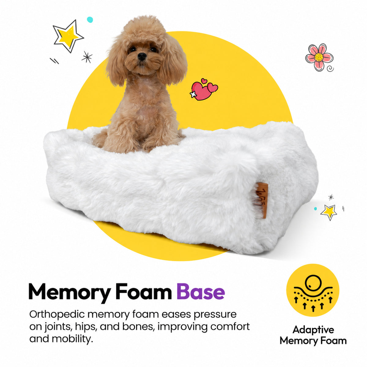 White | Furry Curves Rectangle Bed: Toy poodle in the White bed, headed Memory Foam Base
