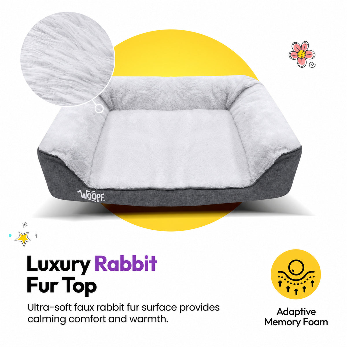 Grey | SNÖR Orthopedic Bed: The Grey bed with a close-up of its faux rabbit fur top, headed Luxury Rabbit Fur Top