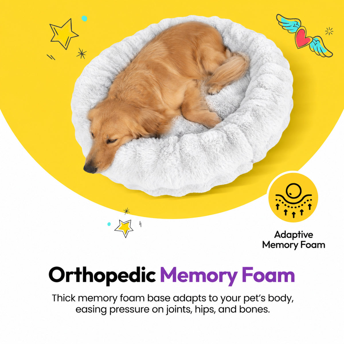 White | Furry Curves Round Bed: Orthopedic memory foam base, a golden retriever resting in the White round bed