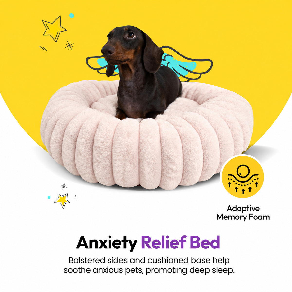 Pale pink | Furry Corduroy Round Bed: Dachshund with paper wings sitting in the Pale pink bed on a yellow graphic card