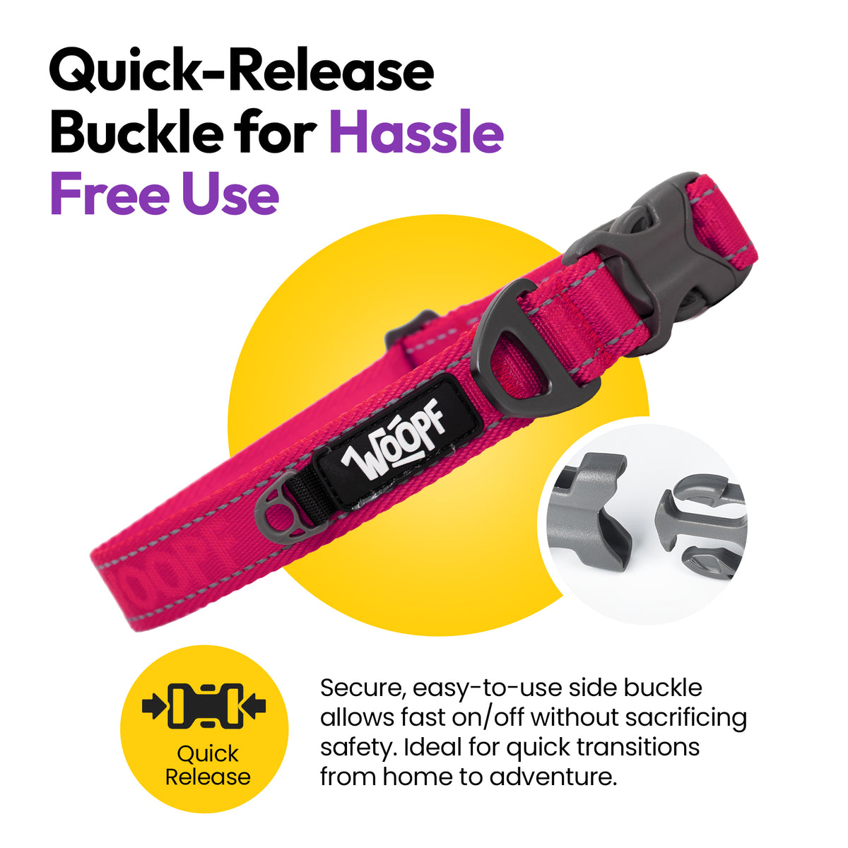 Pink | Explorer Collar: The Pink collar's side-release buckle, on a card headed Quick-Release Buckle for Hassle Free Use