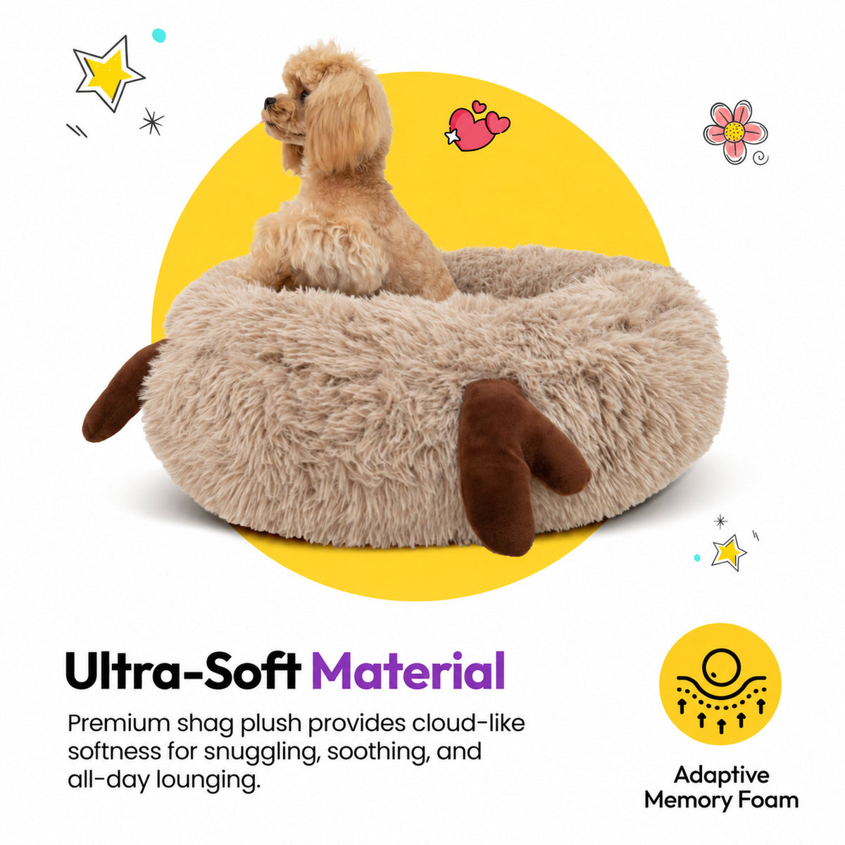 Cream | Fluffy Shag Calming Round Bed with Antlers: Toy poodle sitting on the rim of the bed on a yellow graphic card