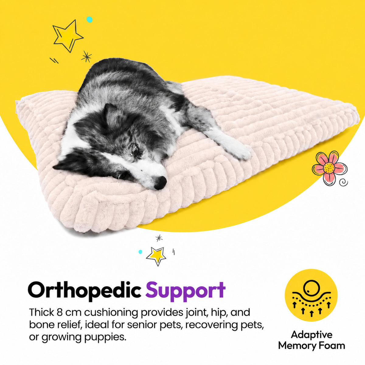 Pale pink | Furry Corduroy Sleeping Mat: Merle Australian shepherd asleep on the Pale pink mat on a yellow graphic card