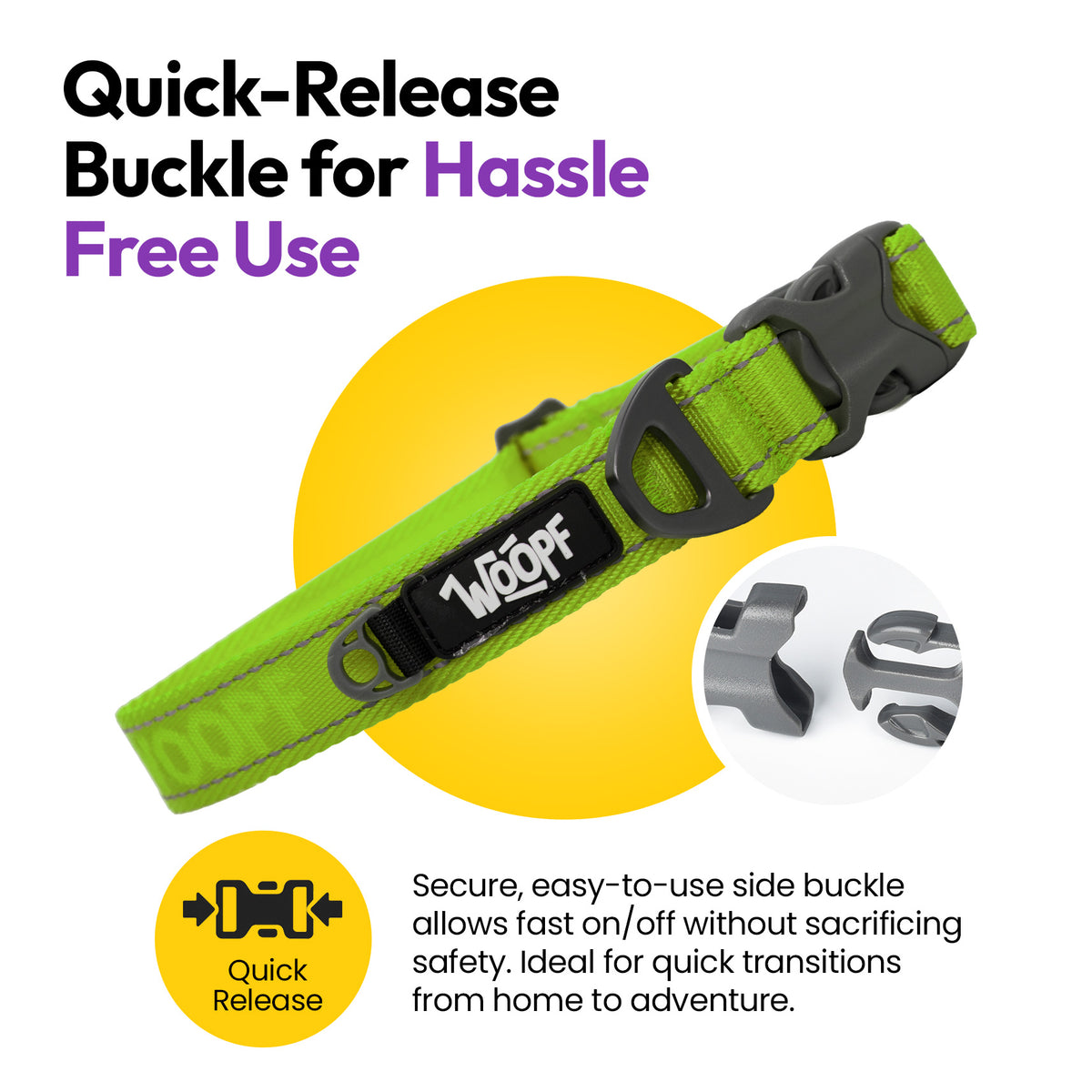 Green | Explorer Collar: The Green collar's side-release buckle, on a card headed Quick-Release Buckle for Hassle Free Use