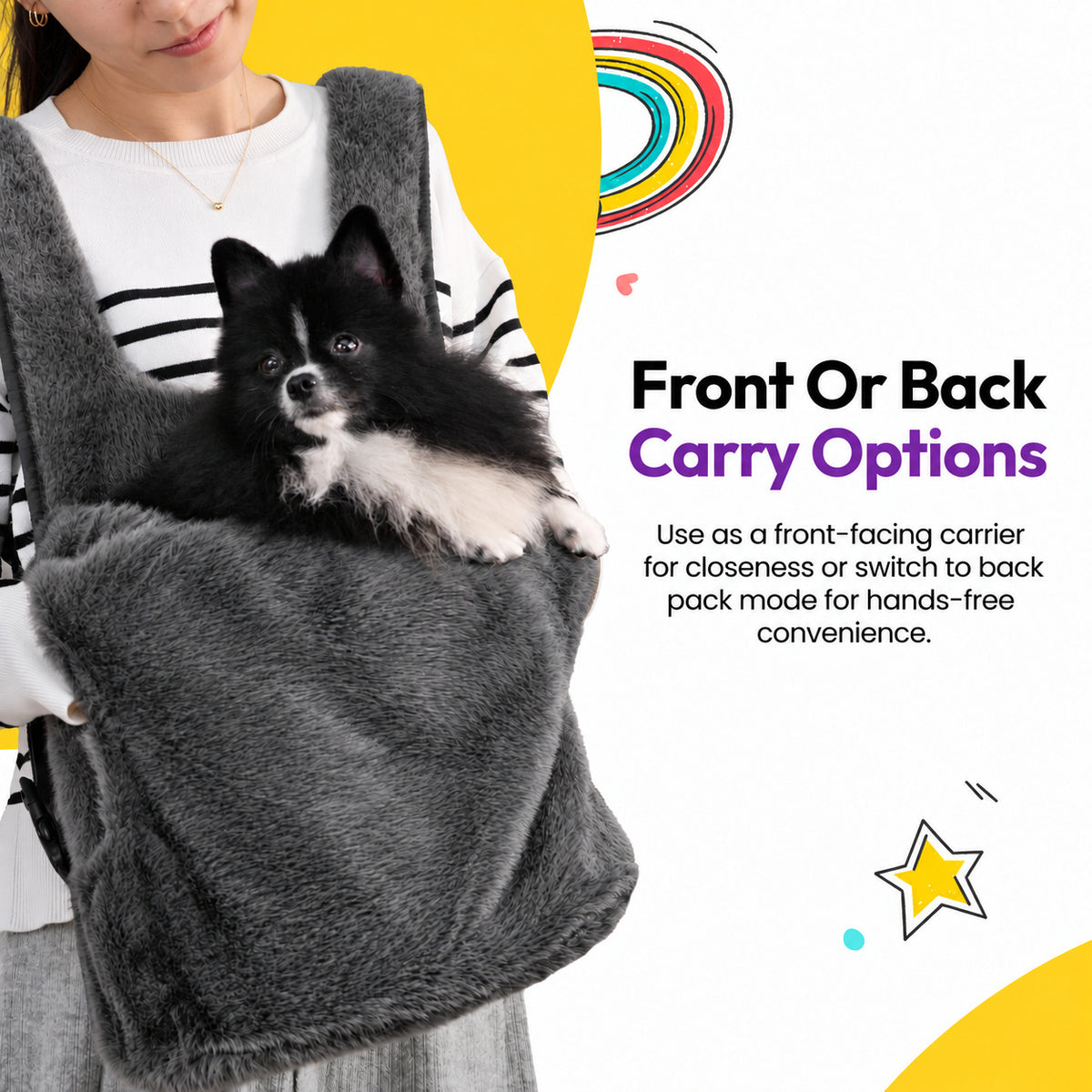 Grey | Furry Range Puppy Pouch: Front or back carry options: a small black and white dog in the Grey Puppy Pouch