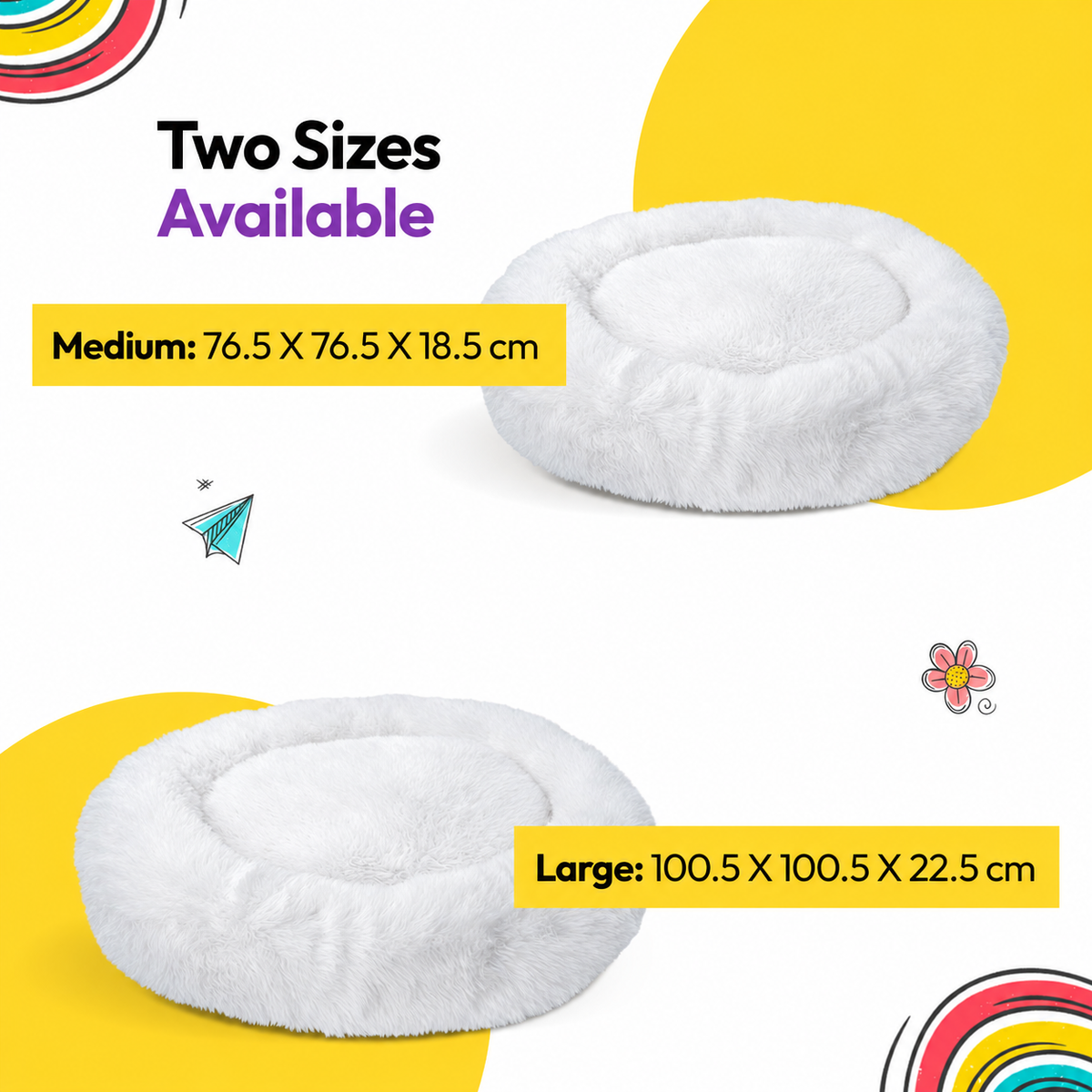 White | Fluffy Shag Calming Round Bed: Two White beds labelled Medium 76.5 x 76.5 x 18.5 cm and Large 100.5 x 100.5 x 22.5 cm