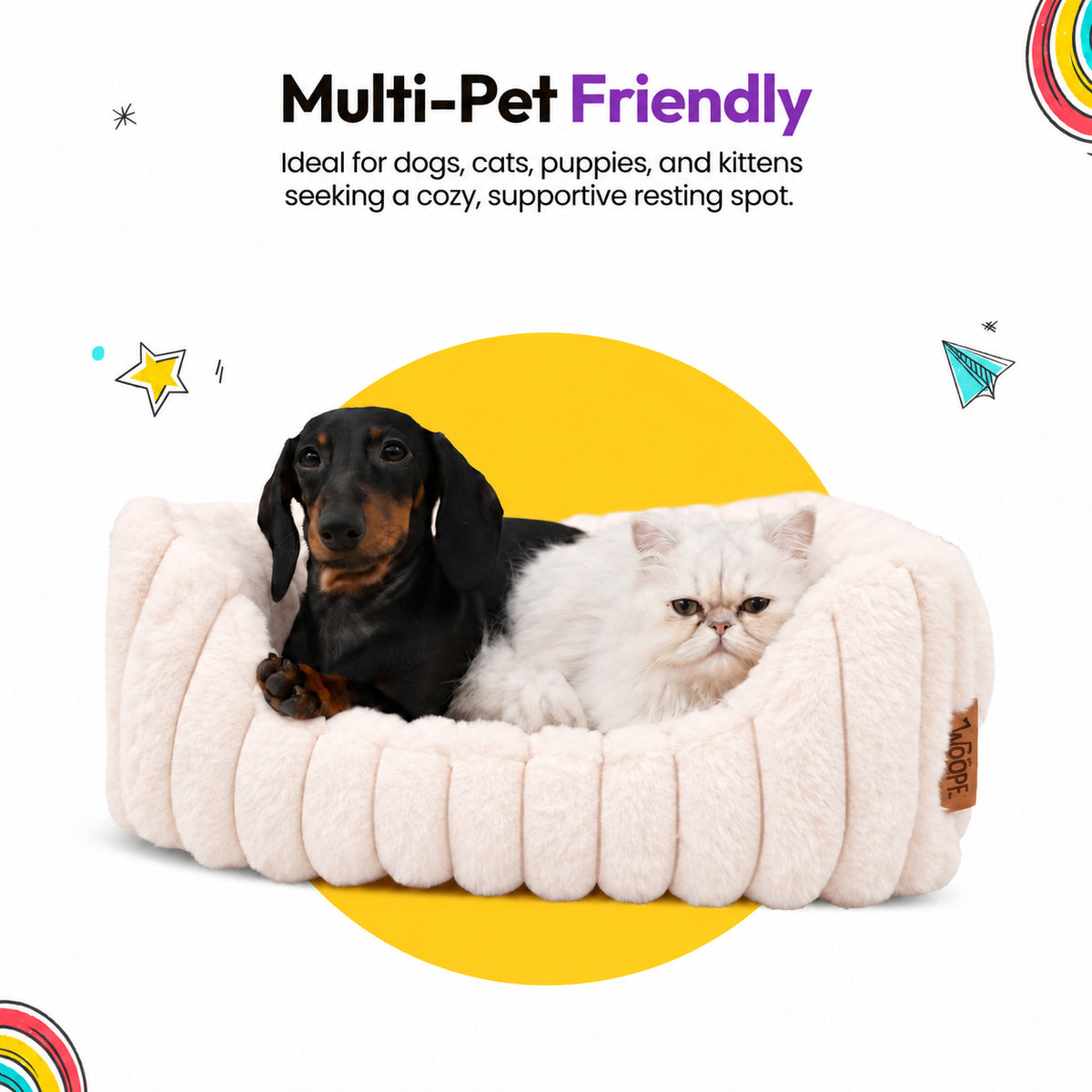 Pale pink | Furry Corduroy Open Front Rectangle Bed: Dachshund and a white Persian cat in the Pale pink bed, headed Multi-Pet Friendly