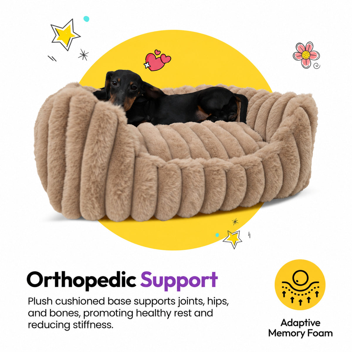 Brown | Furry Corduroy Open Front Rectangle Bed: Dachshund lying in the Brown bed on a yellow graphic card