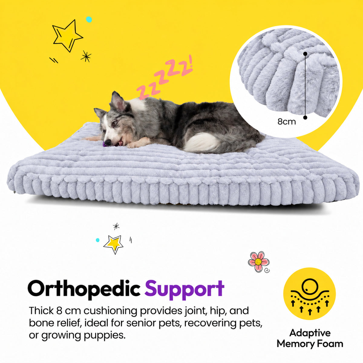 Grey | Furry Corduroy Sleeping Mat: Merle Australian shepherd asleep on the Grey mat, with a close-up marking the 8 cm edge