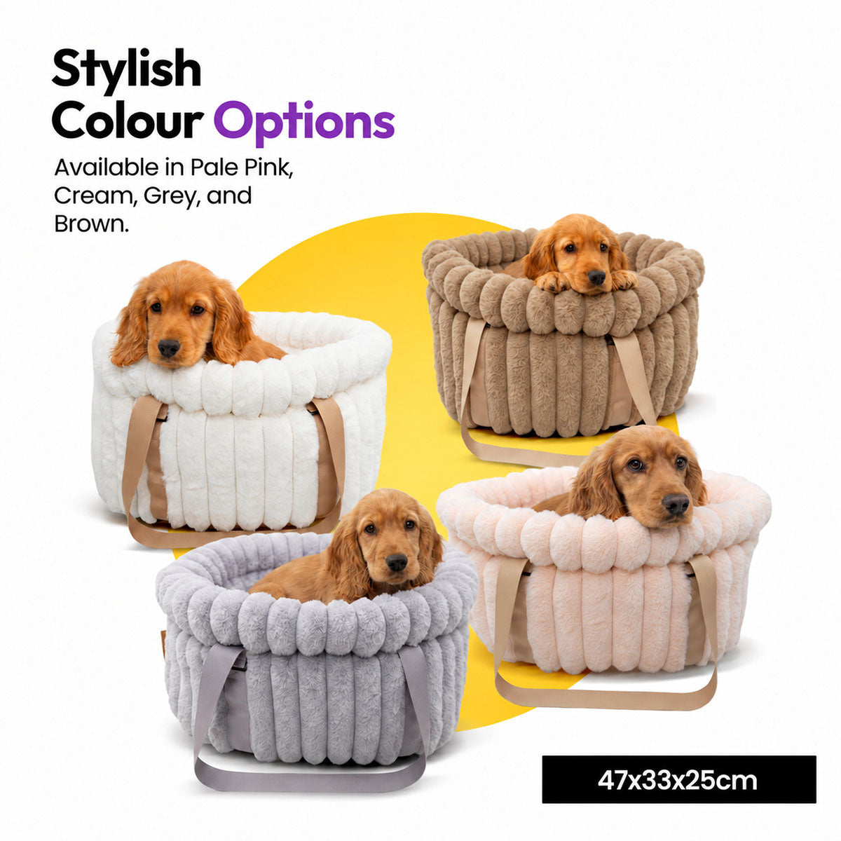 Brown | Corduroy Calming Dog Carrier: Four carriers with spaniel puppies in Pale pink, White, Grey and Brown, on a card marked 47 x 33 x 25 cm
