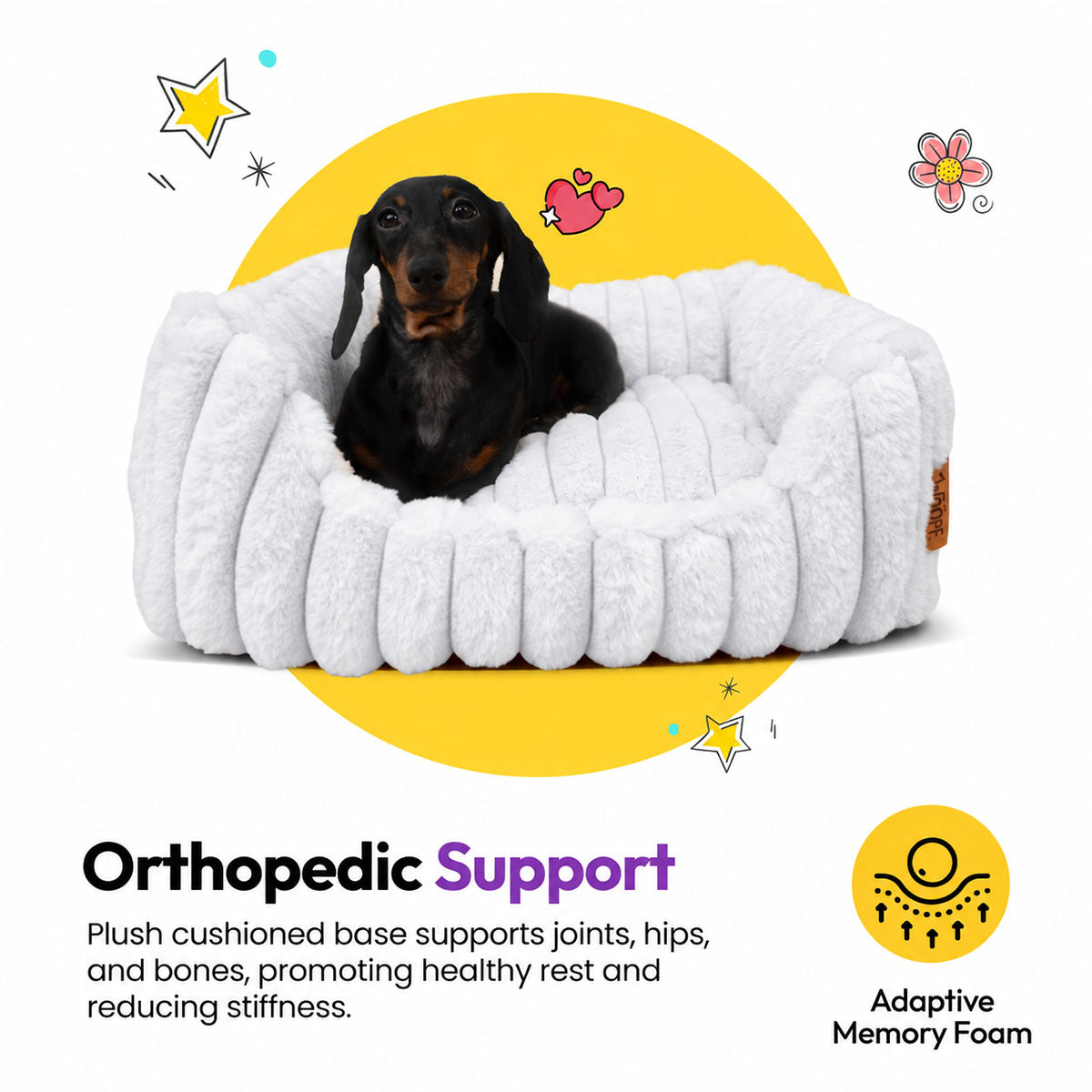 White | Furry Corduroy Open Front Rectangle Bed: Dachshund sitting in the White bed on a yellow graphic card