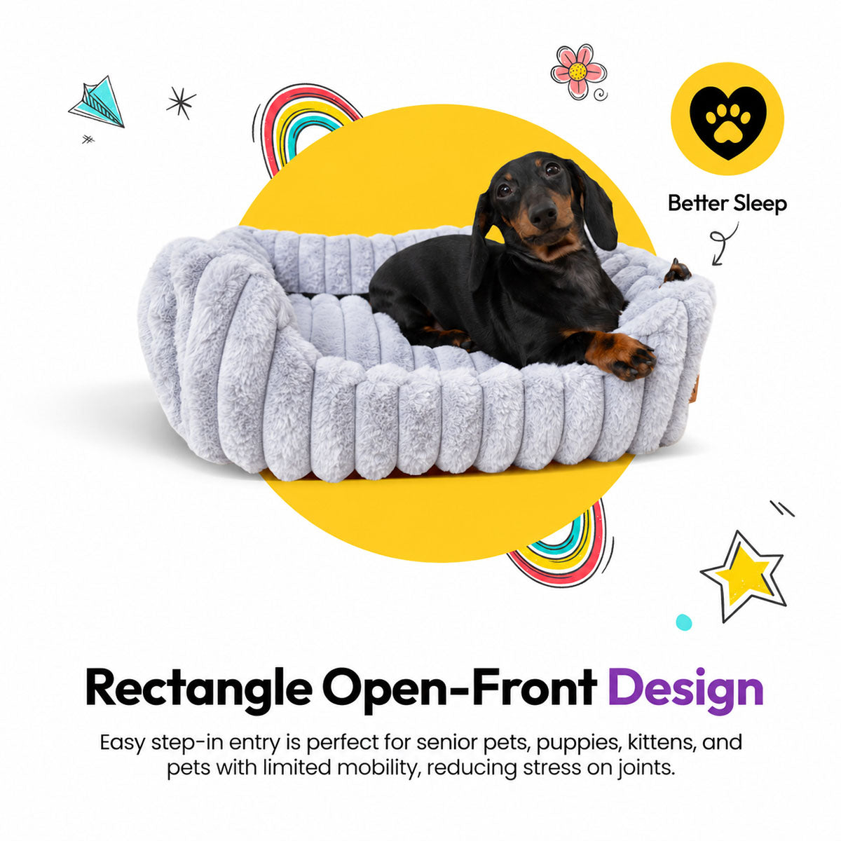 Grey | Furry Corduroy Open Front Rectangle Bed: Dachshund lying in the Grey bed, headed Rectangle Open-Front Design