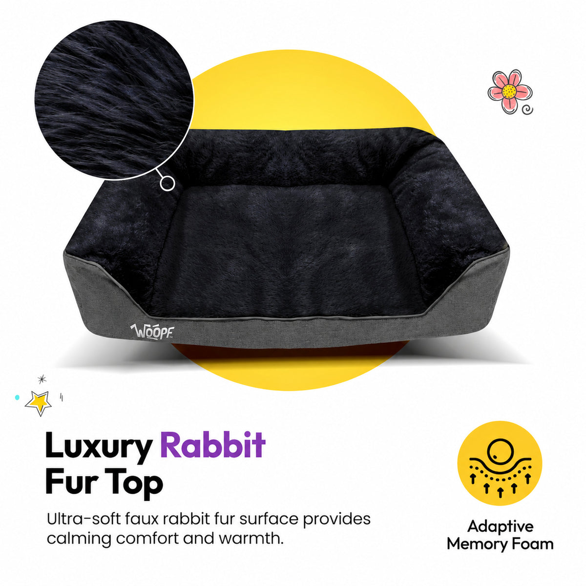 Black | SNÖR Orthopedic Bed: The Black bed with a close-up of its faux rabbit fur top, headed Luxury Rabbit Fur Top