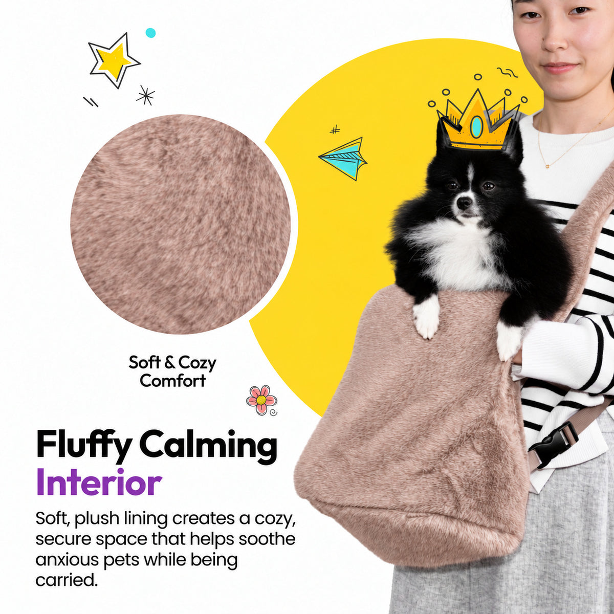 Brown | Furry Range Puppy Pouch: Fluffy calming interior: the soft plush lining of the Brown Puppy Pouch, with a small black and white dog