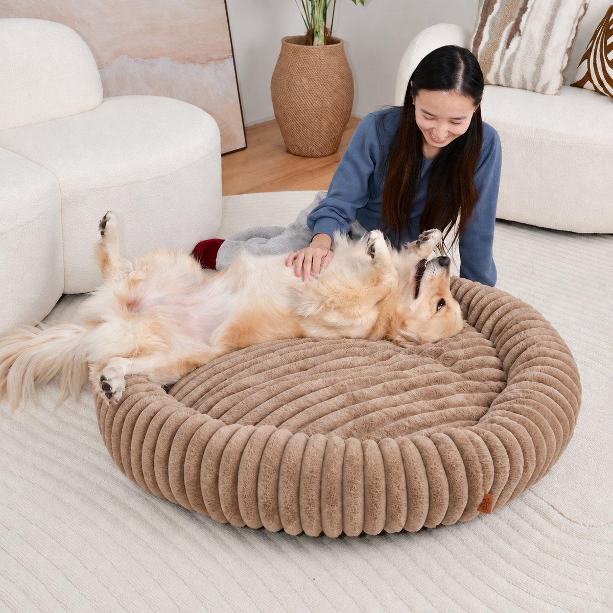 Brown | Furry Corduroy Round Bed: Woman rubbing the belly of a golden retriever lying on its back in the Brown bed
