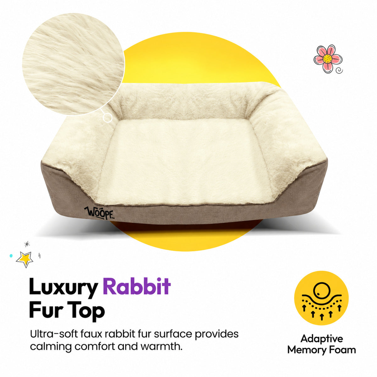 Cream | SNÖR Orthopedic Bed: The Cream bed with a close-up of its faux rabbit fur top, headed Luxury Rabbit Fur Top