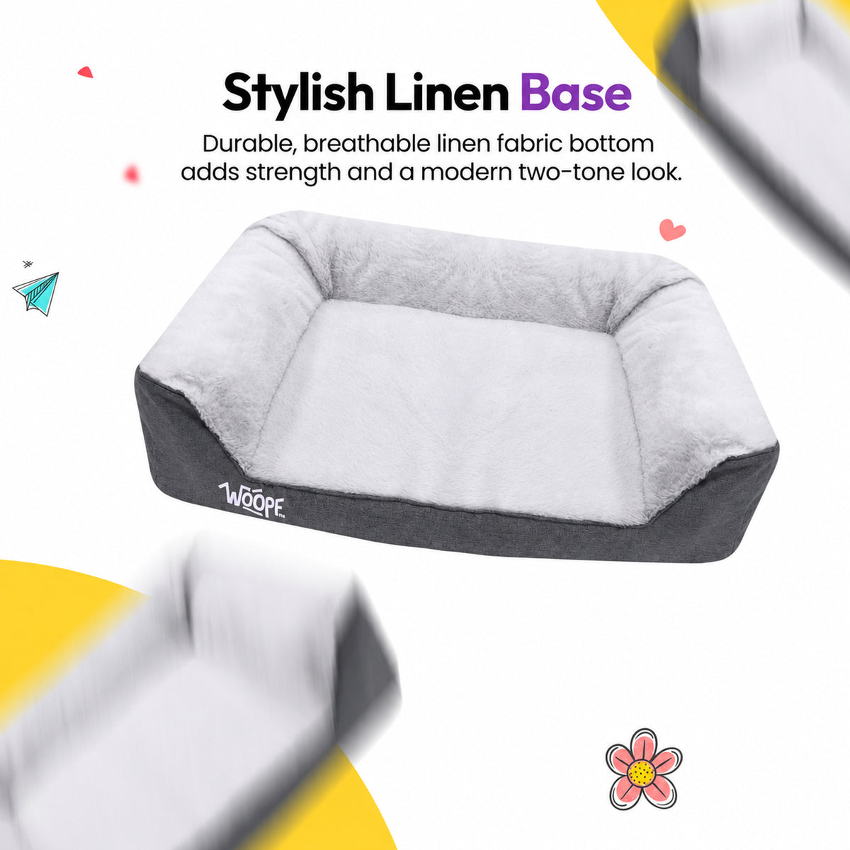 Grey | SNÖR Orthopedic Bed: The Grey bed with a close-up of its linen base, headed Stylish Linen Base