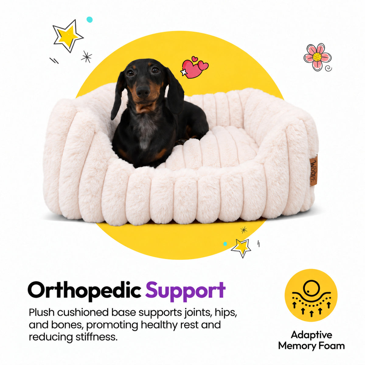 Pale pink | Furry Corduroy Open Front Rectangle Bed: Dachshund sitting in the Pale pink bed on a yellow graphic card