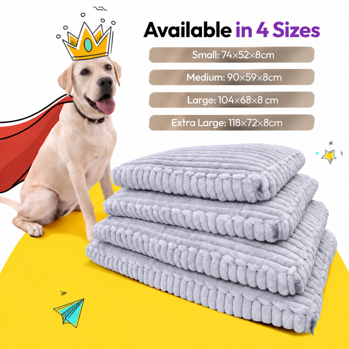 Grey | Furry Corduroy Sleeping Mat: Labrador puppy in a red cape beside four Grey mats stacked by size, labelled Small to Extra Large
