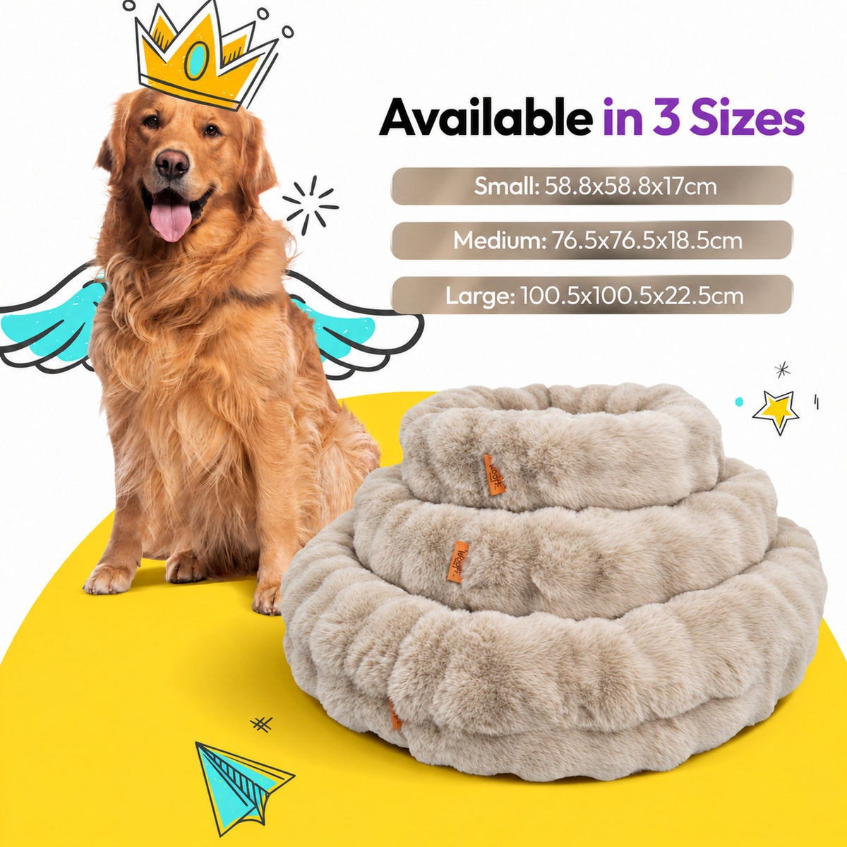 Cream | Furry Curves Round Bed: Available in 3 sizes in Cream: Small 58.8 x 58.8 x 17 cm, Medium 76.5 x 76.5 x 18.5 cm, Large 100.5 x 100.5 x 22.5 cm