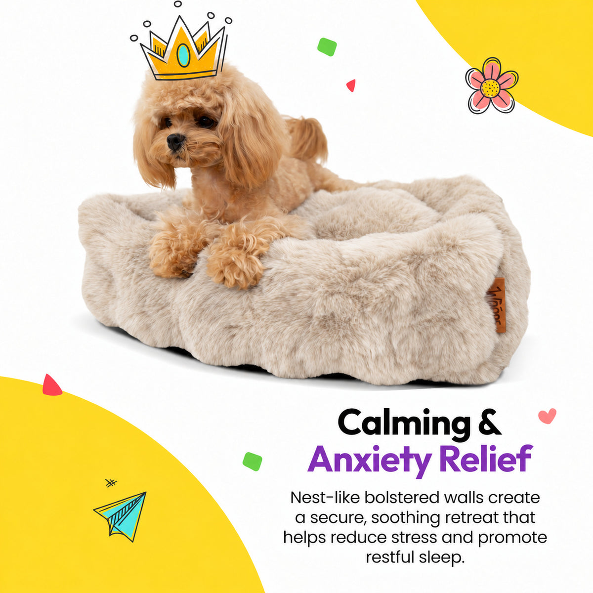 Cream | Furry Curves Rectangle Bed: Toy poodle in the Cream bed, headed Calming & Anxiety Relief